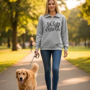 NWT 'Dog Mama' Medium Gray Long Sleeve 1/4 Zip Polo Shirt